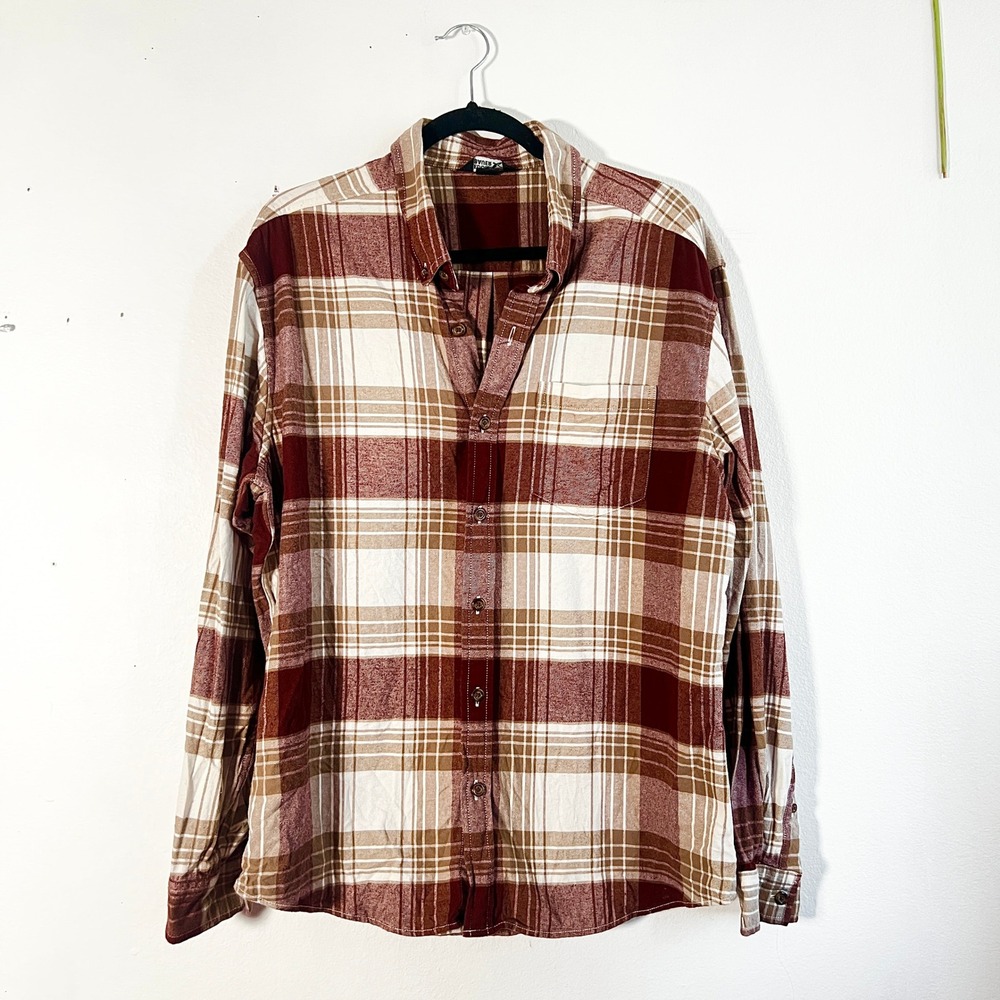 Eddie Bauer Plaid Flannel Shirt Mens XL Brown Long Sleeve 100% Cotton